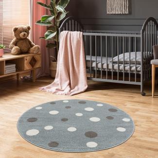 Jimri Kinderteppich DOTS l Pünktchen Gepunktet l Öko-Tex Siegel | Farbe: Beige Blau Rosa | Kinderzimmer/Jugendzimmer (Mint, Ø 150 cm Rund)