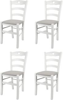 Tommychairs - 4er Set Stühle Cuore für Küche und Esszimmer, Robuste Struktur aus Buchenholz, deckend Weiss lackiert und gepolsterte Sitzfläche mit Stoff in der Farbe Perlgrau bezogen