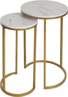 2er-Set Beistelltisch HWC-K46, Kaffeetisch Nachttisch Loungetisch, Marmor-Optik MVG-zertifiziert MDF ~ weiß-gold