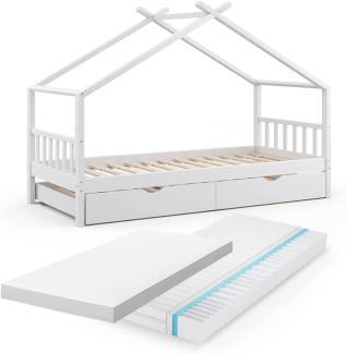 VitaliSpa 'Design' Hausbett 90x200, weiß, Kiefer massiv, inkl. Matratze, Gästematratze, Lattenrost und Gästebettschublade
