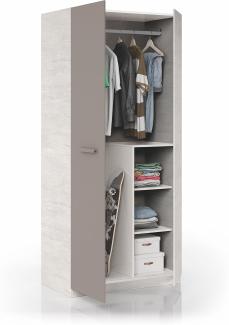 Dreitüriger Kleiderschrank mit Kleiderstange und drei Innenböden, Holzoptik weiß mit braunem Türdetail, Maße 90 x 200 x 52 cm