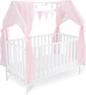 FabiMax Kinderbett Hausbett Schlafmütze, 70x140 cm, aus Kiefernholz weiß lackiert, mit Matratze Classic, mit rosaner Deko