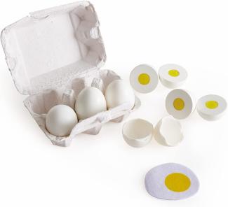 Hape E3156 - Eierkarton, mit 6 Eiern (drei hartgekochte Eier und drei Spiegeleier), Küchenspielzeugzubehör, Kaufladenzubehör
