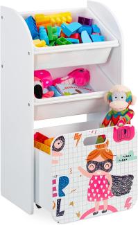 Relaxdays Kinderregal mit 3 Boxen, Heldin-Motiv, Kiste mit Rollen, HBT: 80,5x42,5x30 cm, schmales Spielzeugregal, weiß
