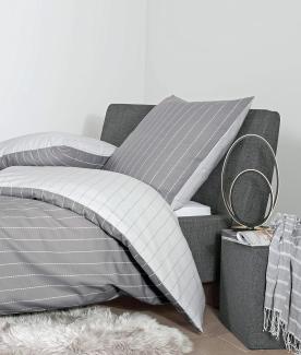 Janine Feinbiber-Bettwäsche Davos Nadelstreifen Design 65112-08 135 x 200 cm + 80 x 80 cm silber grau weiß