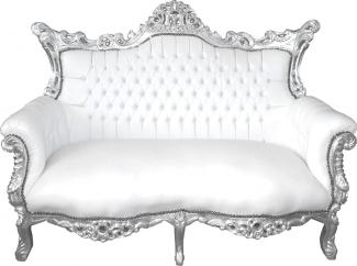 Casa Padrino Barock 2-er Sofa Master Weiß Lederoptik / Silber - Antik Stil Möbel