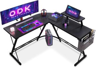 ODK Gaming Tisch, Computertisch, Gaming Schreibtisch mit runder Ecke, Gaming-Tisch mit Monitorablage (Kohlefaser Schwarz, 127 x 127 cm)