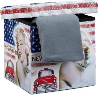 Relaxdays Faltbarer Sitzhocker Marilyn Monroe 38 cm stabiler Falthocker mit trendigen Motiven als praktische Ablage als Sitzwürfel mit bedrucktem Kunstleder als Aufbewahrungsbox mit Stauraum, New York
