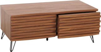 Couchtisch HWC-M49, Wohnzimmertisch Tisch, 3D-Design 2 Schubladen Massiv-Holz Mango Metall 46x110x55cm ~ Walnuss-Optik