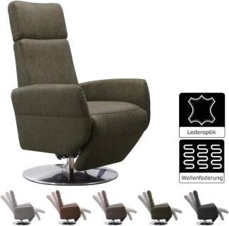 Cavadore TV-Sessel Cobra / Fernsehsessel mit Liegefunktion, Relaxfunktion / Stufenlos verstellbar / Ergonomie M / Belastbar bis 130 kg / 71 x 110 x 82 / Lederoptik Olive