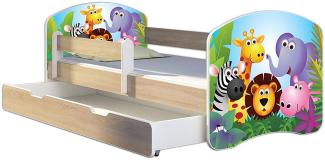 Kinderbett Jugendbett mit einer Schublade und Matratze Sonoma mit Rausfallschutz Lattenrost ACMA II 140x70 160x80 180x80 (01 Zoo, 140x70 + Bettkasten)
