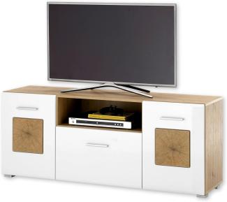 GEORGIA TV-Lowboard in Weiß, Artisan Eiche Optik mit Hirnholz-Applikationen - Moderner TV Schrank mit viel Stauraum für Ihr Wohnzimmer - 140 x 58 x 38 cm (B/H/T)