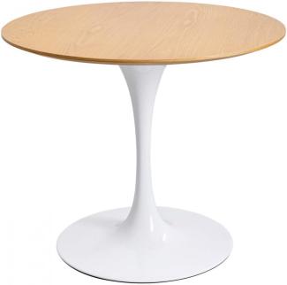 Kare Design Tisch Invitation Set Eiche Weiß Ø120cm, Runder Esstisch mit Tischplatte in Braun, Weißes Gestell Tellerfuß, Tischplatte in Eichenoptik (H/B/T) 76x120x120cm