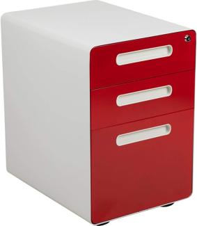 Flash Furniture Ergonomischer Aktenschrank mit 3 Schubladen, mit Kippmechanismus, Brief-/Rechtsschublade, Weiß mit roter Frontplatte