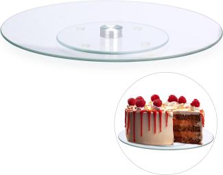 Relaxdays Tortenplatte, 360º drehbar, ∅ 30 cm, zum Servieren & Dekorieren, Kuchen, runder Drehteller, Glas, transparent, 1 Stück