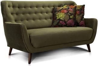 CAVADORE 2-Sitzer-Sofa Abby / Retro-Couch mit Samtbezug und Knopfheftung / 153 x 89 x 88 / Samtoptik, grün