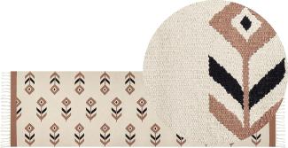 Kelim Teppich Baumwolle beige schwarz 80 x 300 cm geometrisches Muster Kurzflor NIAVAN