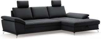 Cavadore Ecksofa Castiel mit Federkern / Eckcouch mit XL-Longchair, Bett, Bettkasten, Sitztiefenverstellung, Kopfstützen und mattschwarzen Metallfüßen / 301 x 89-114 x 176 / Echtleder, Schwarz