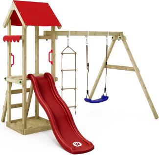 WICKEY Spielturm Klettergerüst TinyCabin mit Schaukel & roter Rutsche, Kletterturm mit Sandkasten, Leiter & Spiel-Zubehör