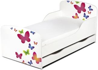 Leomark Kinderbett 70x140 cm, Schmetterlinge, mit Matratze, Schublade und Lattenrost