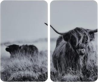 WENKO Herdabdeckplatte Universal Highland Cattle, 2er Set, Herdabdeckung für alle Herdarten, Gehärtetes Glas, 30 x 52 cm, grau