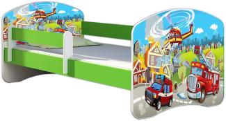 ACMA Kinderbett Jugendbett mit Einer Schublade und Matratze Grün mit Rausfallschutz Lattenrost II 140x70 160x80 180x80 (36 Feuerwehr, 160x80)