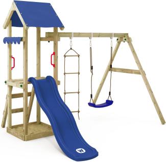 WICKEY Spielturm Klettergerüst TinyCabin mit Schaukel & blauer Rutsche, Kletterturm mit Sandkasten, Leiter & Spiel-Zubehör