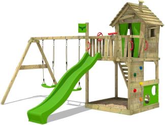 FATMOOSE Spielturm Klettergerüst HappyHome mit Schaukel & apfelgrüner Rutsche, Spielhaus mit Sandkasten, Leiter & Spiel-Zubehör