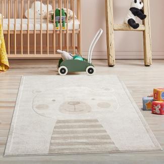 Kinderteppich Creme, Beige - 120x160 cm - Tier-Motiv Teddy-Bär - Kurzflor Teppiche Kinderzimmer, Spielzimmer