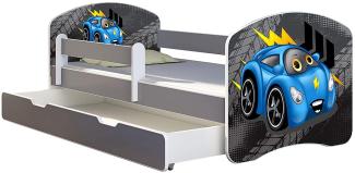 ACMA Kinderbett Jugendbett mit Einer Schublade und Matratze Grau mit Rausfallschutz Lattenrost II (04 Blaue Auto, 160x80 + Bettkasten)