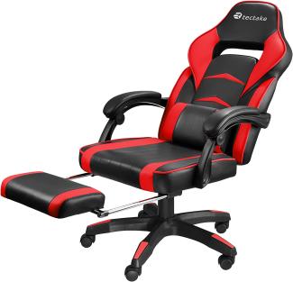 TecTake 800769 Bürostuhl mit Fußstütze, Chefsessel mit Lendenkissen, ergonomischer Schreibtischstuhl mit Armlehnen, höhenverstellbarer Gaming Stuhl - Diverse Farben - (Rot | Nr. 404742)