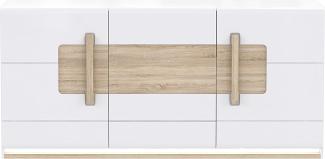 FORTE Attention Kommode mit 3 Türen, Holzwerkstoff, Weiß / Sonoma Eiche mit Weiß Hochglanz, 41,4 x 194,6 x 90,9 cm