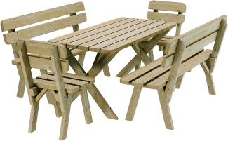 PLATAN ROOM Gartengarnitur Holz Kiefer Sitzgruppe 150 cm breit Gartenbank Gartentisch massiv Imprägniert (Set 2 (Tisch + 2 Bänke + 2 Stühle))