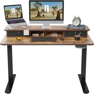 FEZIBO Schreibtisch Höhenverstellbar Elektrisch mit oberen Schubladen, 120 x 60 cm Stehschreibtisch mit Memory-Steuerung, Schwarz Rahmen/Braunes Oberfläche