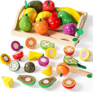 yoptote Kinderküche Zubehör Holz Spiele ab 3 Jahren, Spielküche Zubehör Kinder Küche Holzspielzeug Kinderspielzeug ab 2 3 4 5 Jahre Obst Gemüse Lebensmittel Lernspielzeug mit Klett