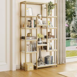 YITAHOME Bücherregal, Schwerlastregal mit 5 Ebenen, Aufbewahrungsschrank 30 x 100 x 180 cm, Bücherregal weiß für Büro, Wohnzimmer, Schlafzimmer, Golden und Weiß