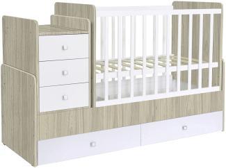Polini Kids 'Simple 1100' Kombi-Kinderbett 60 x 120/170 cm, ulme/weiß, höhenverstellbar, mit Schaukelfunktion, inkl. Kommode