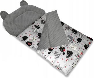 Best For Kids Schlafsack Fußack für den Kindergarten Minky Bär mit Kissen (Grau-Rot Katzen)