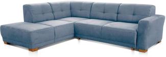 Cavadore Schlafsofa Modeo, mit Federkern, Sofa in L-Form mit Schlaffunktion im modernen Landhausstil, Holzfüße, 261 x 77 x 214, Mikrofaser-Bezug, blau
