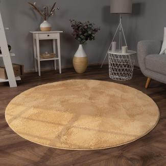 Paco Home Hochflor Teppich Wohnzimmer Flauschig Fellteppich Kunstfell Plüsch Shaggy Weich Fellimitat, Grösse:120 cm Rund, Farbe:Gelb