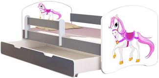 ACMA Kinderbett Jugendbett mit Einer Schublade und Matratze Grau mit Rausfallschutz Lattenrost II (43 Kleines Pferd, 180x80 + Bettkasten)