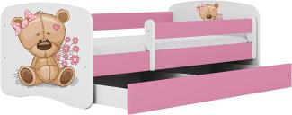 Kocot Kids 'teddybär mit Blumen' Einzelbett pink 70x140 cm inkl. Rausfallschutz, Matratze, Schublade und Lattenrost