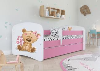 Kocot Kids 'teddybär mit Blumen' Einzelbett pink 70x140 cm inkl. Rausfallschutz, Matratze, Schublade und Lattenrost