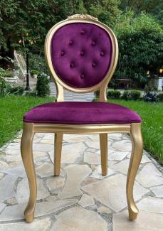 Casa Padrino Luxus Barock Esszimmer Stuhl Lila / Gold - Handgefertigter Antik Stil Stuhl mit edlem Samtstoff - Esszimmer Möbel im Barockstil - Barock Möbel - Barock Einrichtung