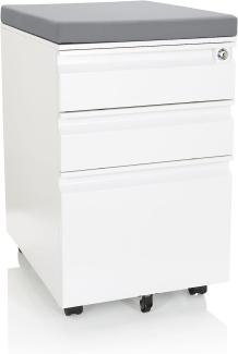 hjh OFFICE 743020 Rollcontainer mit Sitzkissen Color OS Stahl Weiß/Grau Rollschrank mit A4 Hängeregister, abschließbar
