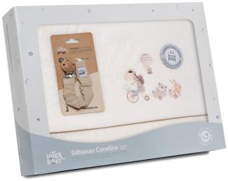 Fleece-Plüsch-Bettlaken-Set Kinderbett "Jirafa Bicicleta" beige & Schnullerketten Musseline mit Clip · 3- Teilig Winter -Bettwäsche-Set für kinderbett · Babys