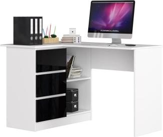 Eck-Schreibtisch B-16 mit 3 Schubladen und 2 Ablagen | Schreibtisch | ecktisch | Eck Schreibtisch für Home Office | Einfache Montage | B124 x H77 x T85, 48 kg Weiß/Schwarz Glänzend