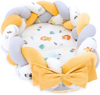 Babynest Neugeborene Nestchen Baby – Velvet Kuschelnest mit Zopf Kissen zerlegbares Set zweiseitig Babynestchen Babybett 75X45, Safari