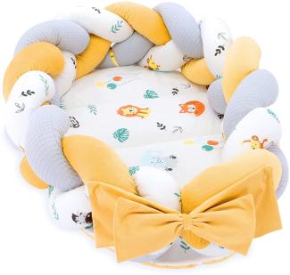 Babynest Neugeborene Nestchen Baby – Velvet Kuschelnest mit Zopf Kissen zerlegbares Set zweiseitig Babynestchen Babybett 75X45, Safari