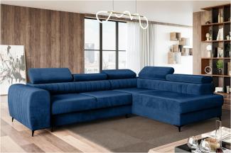 MEBLINI Schlafcouch mit Bettkasten - PORTO - 269x204x72cm Rechts – Blau Samt - Ecksofa mit Schlaffunktion - Sofa mit Relaxfunktion und Kopfstützen - Couch L-Form - Eckcouch - Wohnlandschaft